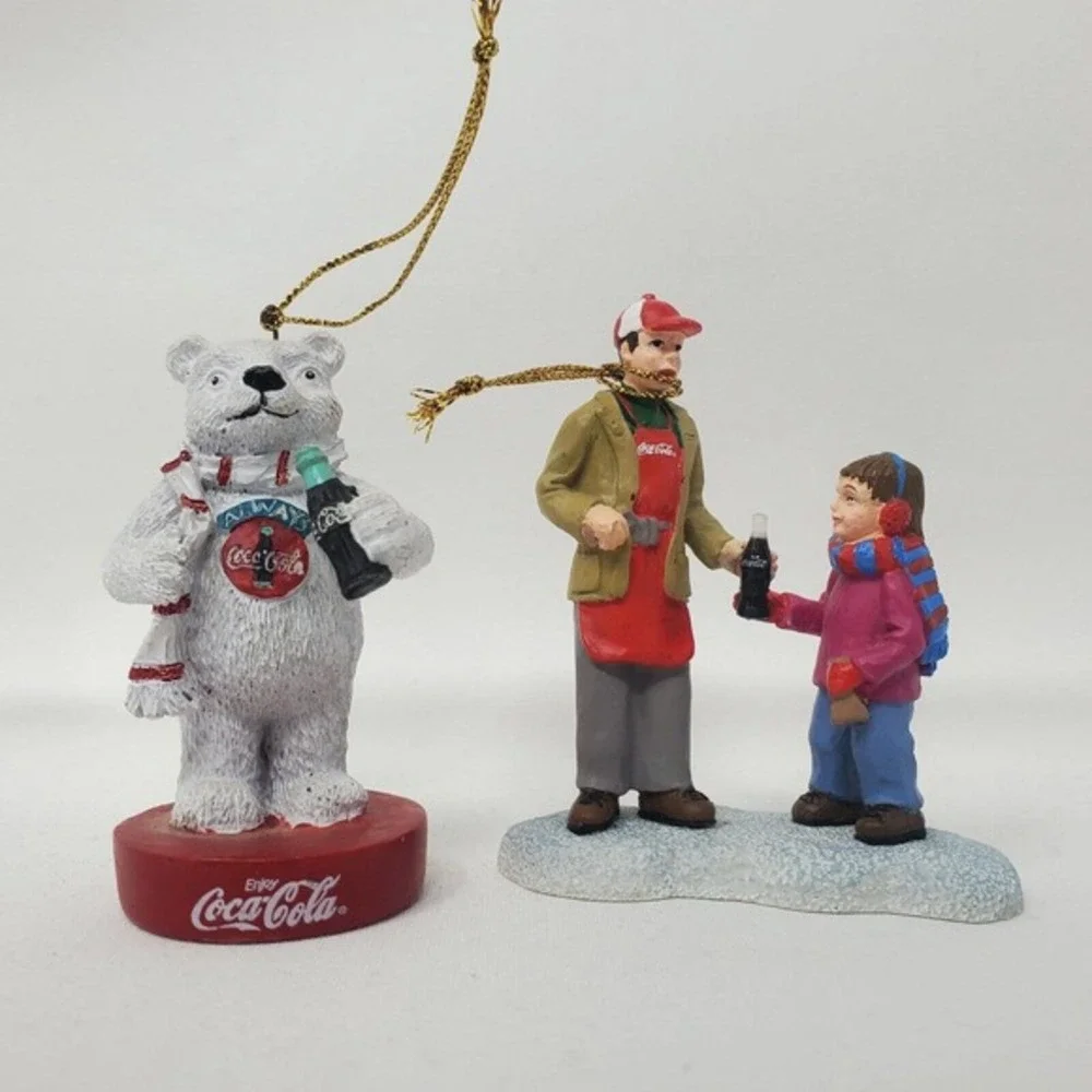 Coca‎ Cola Christmas Tree Ornaments Lot Of 2 Polar Bear Man Child Collectible